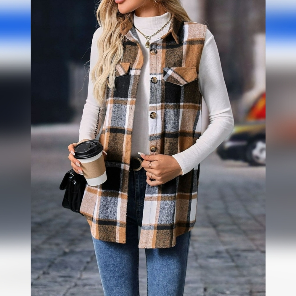 Precious Plaid Sleeveless Shirt/Vest/Shacket In Tan/Black/White - Picture 9 of 12